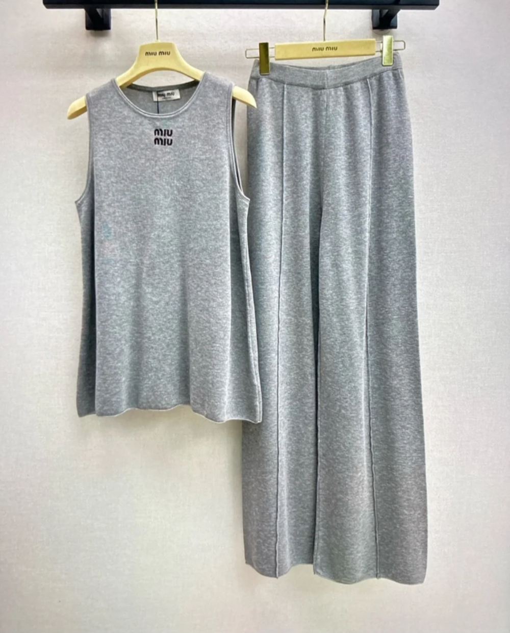 Miu Miu Gray Knit Tank Top & Wide Leg Trousers Set Only Tried-On